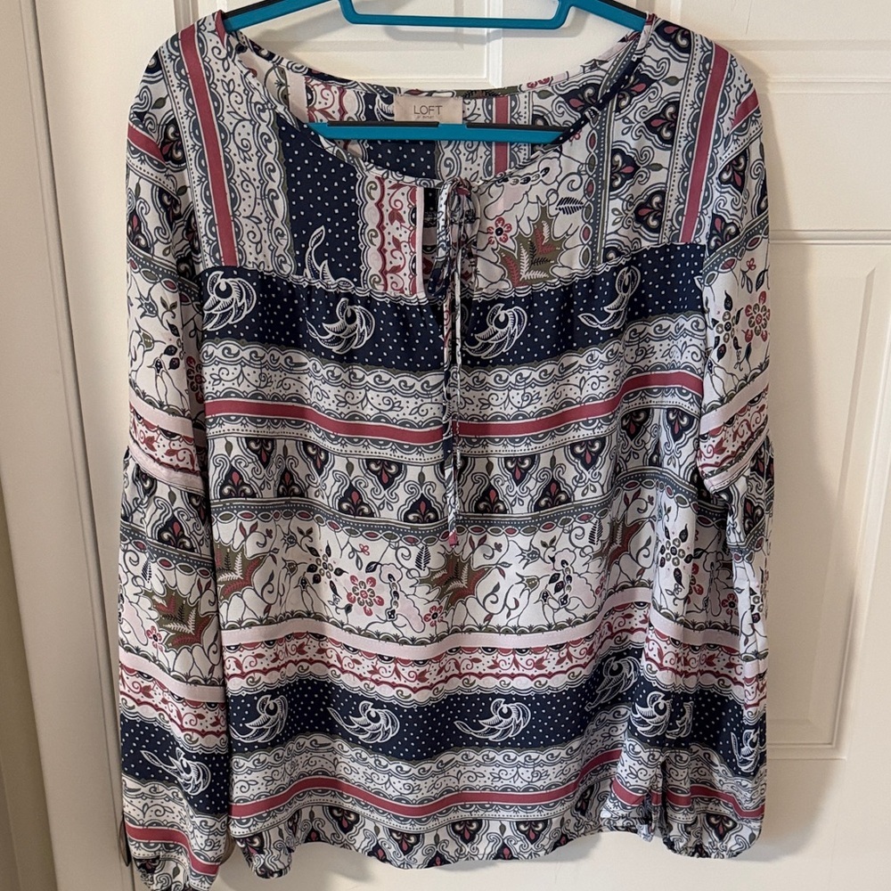 LOFT Outlet Multi-Print Tie-Neck Boho Peasant Blouse Size Medium